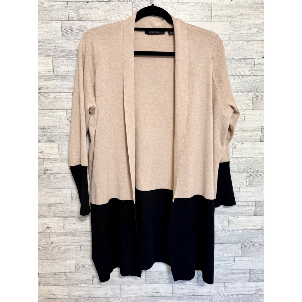 Cyrus Womens 1X Chic Tan Black Colorblock Open Front Longline Cardigan Sweater - Picture 6 of 10
